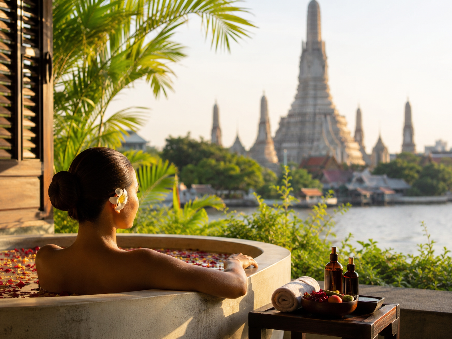 Avkopplande spa med utsikt över tempel i Thailand